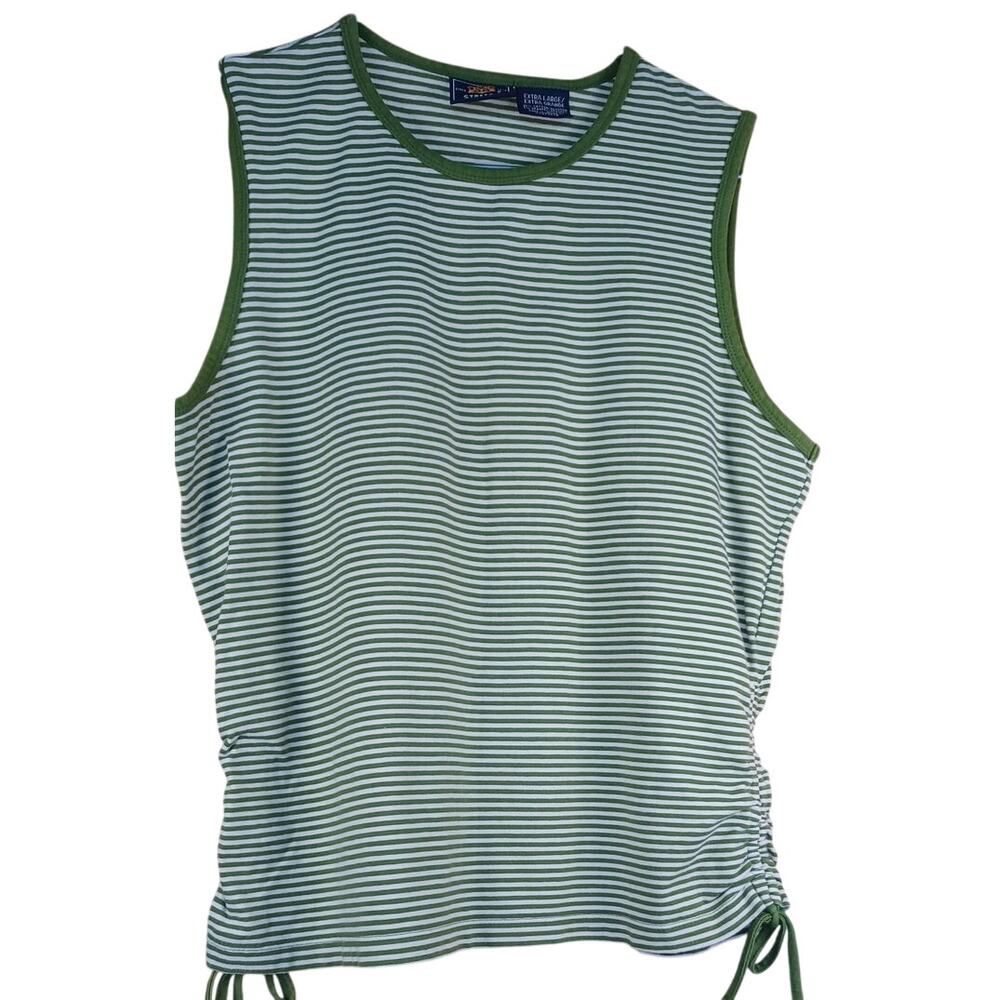 Route 66 Y2K Green Striped Ruched Tank Top Size L Stretch Side Tie Sleeveless - Picture 2 of 8